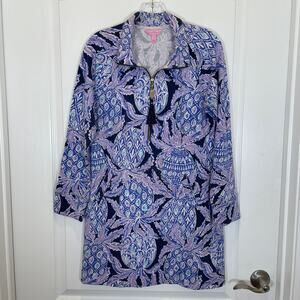 Lilly Pulitzer Long Sleeve Shift Dress Purple Pineapples Print Fringe Tassel M